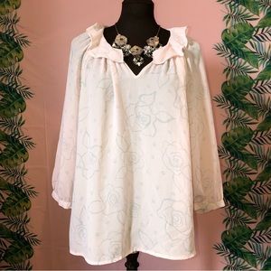 Elle Blush Pink Floral Print Long Sleeve Blouse With Ruffled Collar & Sleeves